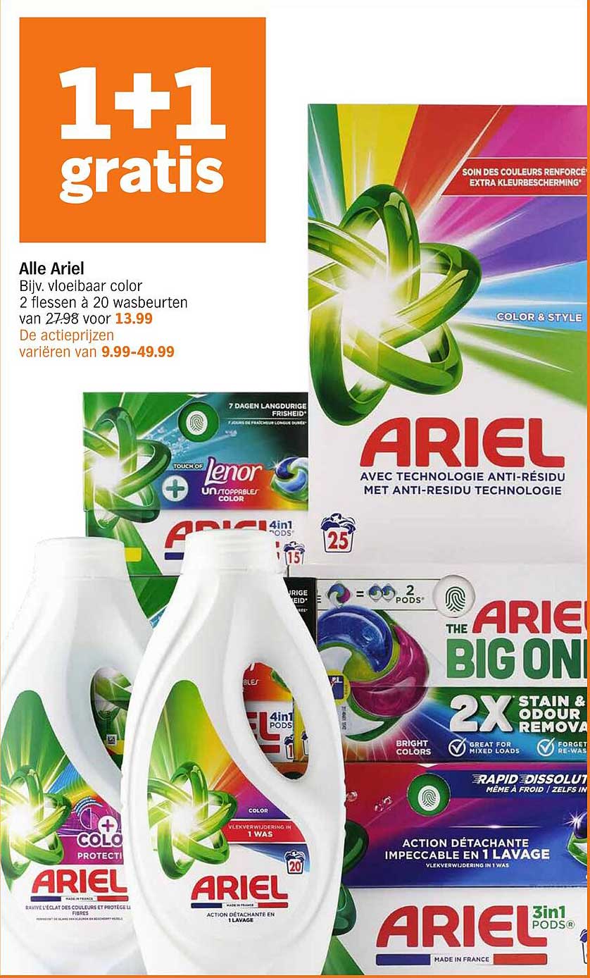 Alle Ariel Bijv. vloeibaar color 2 flessen à 20 wasbeurten van 27.98 voor 13.99