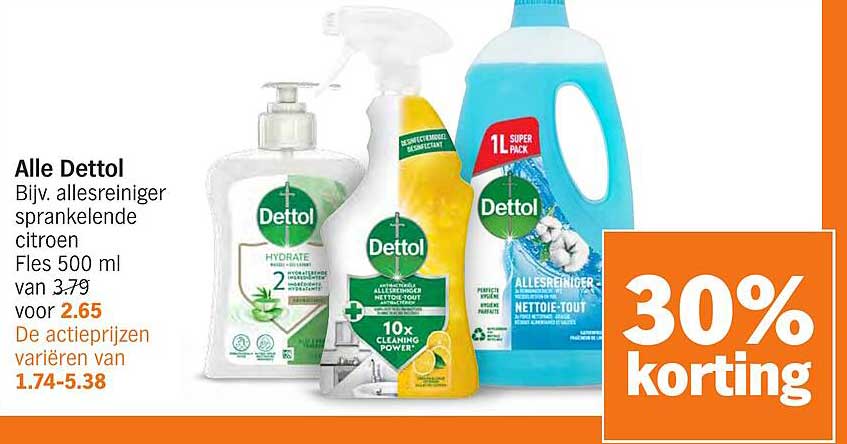 Alle Dettol Bijv. allereinigers sprankelende citroen Fles 500 ml van 3.79 voor 2.65