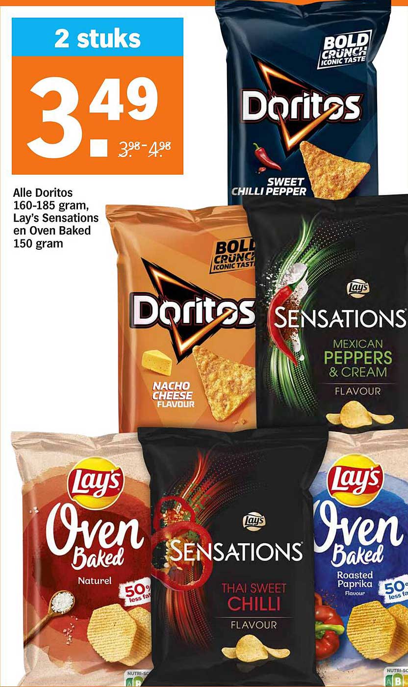Alle Doritos 160-185 gram, Lay’s Sensations en Oven Baked 150 gram