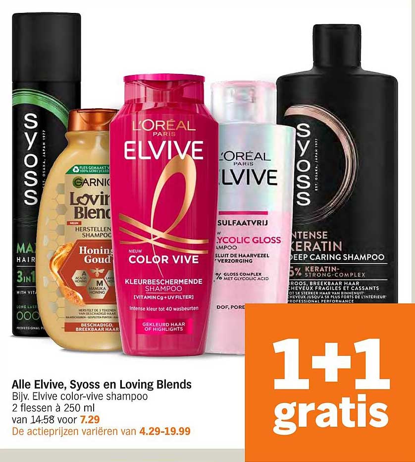 Alle Elvive, Syoss en Loving Blends Bijv. Elvive color-vive shampoo 2 flessen à 250 ml van 14.58 voor 7.29