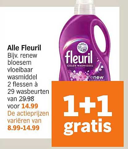 Alle Fleuril Bijv. renew bloesem vloeibaar wasmiddel 2 flessen à 29 wasbeurten van 29.98 voor 14.99