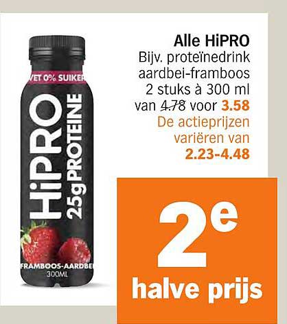 Alle HiPRO Bijv. proteïnedrink aardbei-framboos 2 stuks à 300 ml van 4.78 voor 3.58