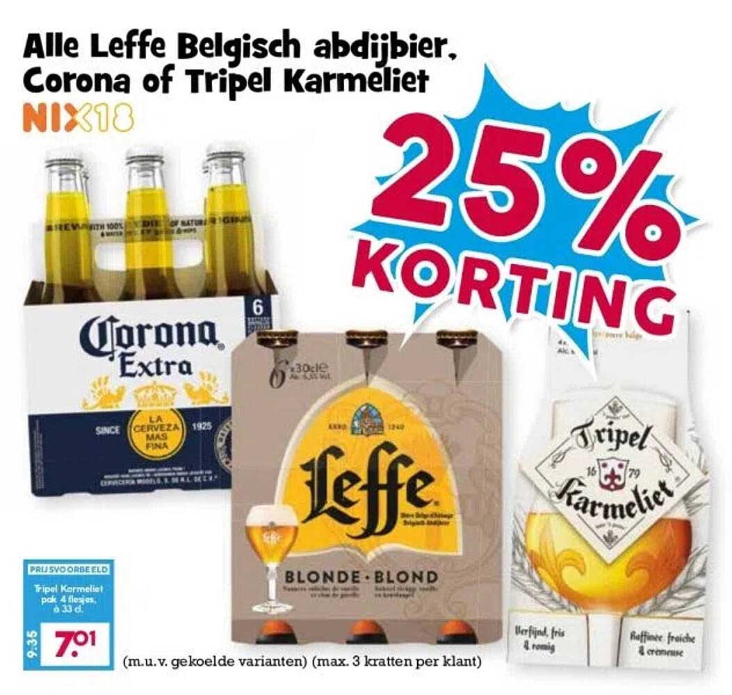 Alle Leffe Belgisch abdijbier, Corona of Tripel Karmeliet 25% KORTING
