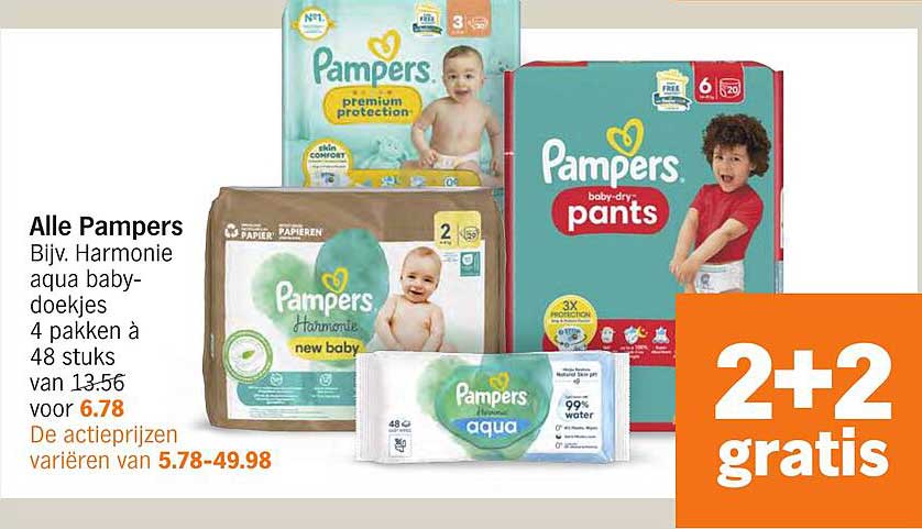 Alle Pampers Bijv. Harmonie aqua baby-doekjes 4 pakken à 48 stuks van 13.56 voor 6.78