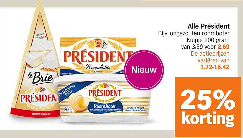 Alle Président Bijv. ongezouten roomboter Kupje 200 gram van 3.59 voor 2.69