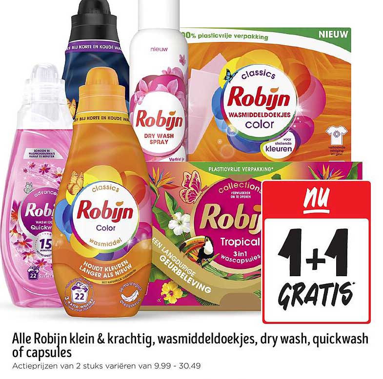 Alle Robijn klein & krachtig, wasmiddeldoekjes, dry wash, quickwash of capsules