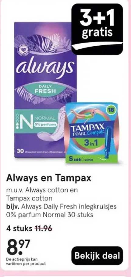 Always en Tampax m.u.v. Always cotton en Tampax cotton bijv. Always Daily Fresh inlegkruisjes 0% parfum Normal 30 stuks