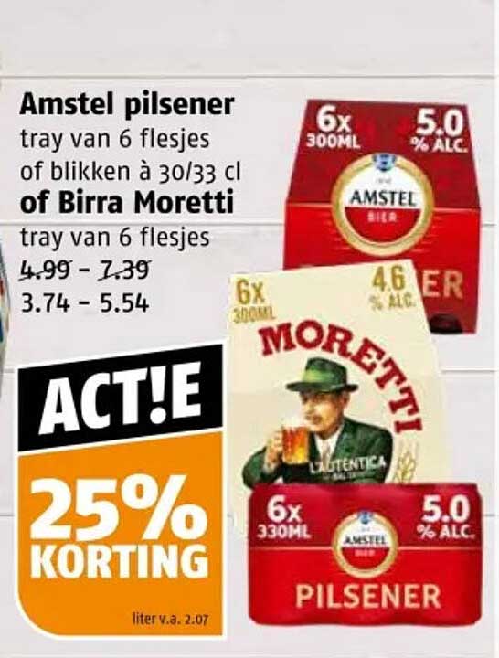 Amstel pilsener tray van 6 flesjes of blikken à 30/33 cl of Birra Moretti tray van 6 flesjes