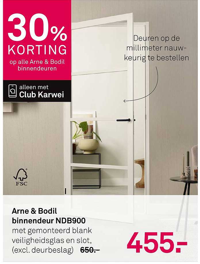 Arne & Bodil binnendeur NDB900 met gemonteerd blank veiligheidsglas en slot, (excl. deurbeslag)