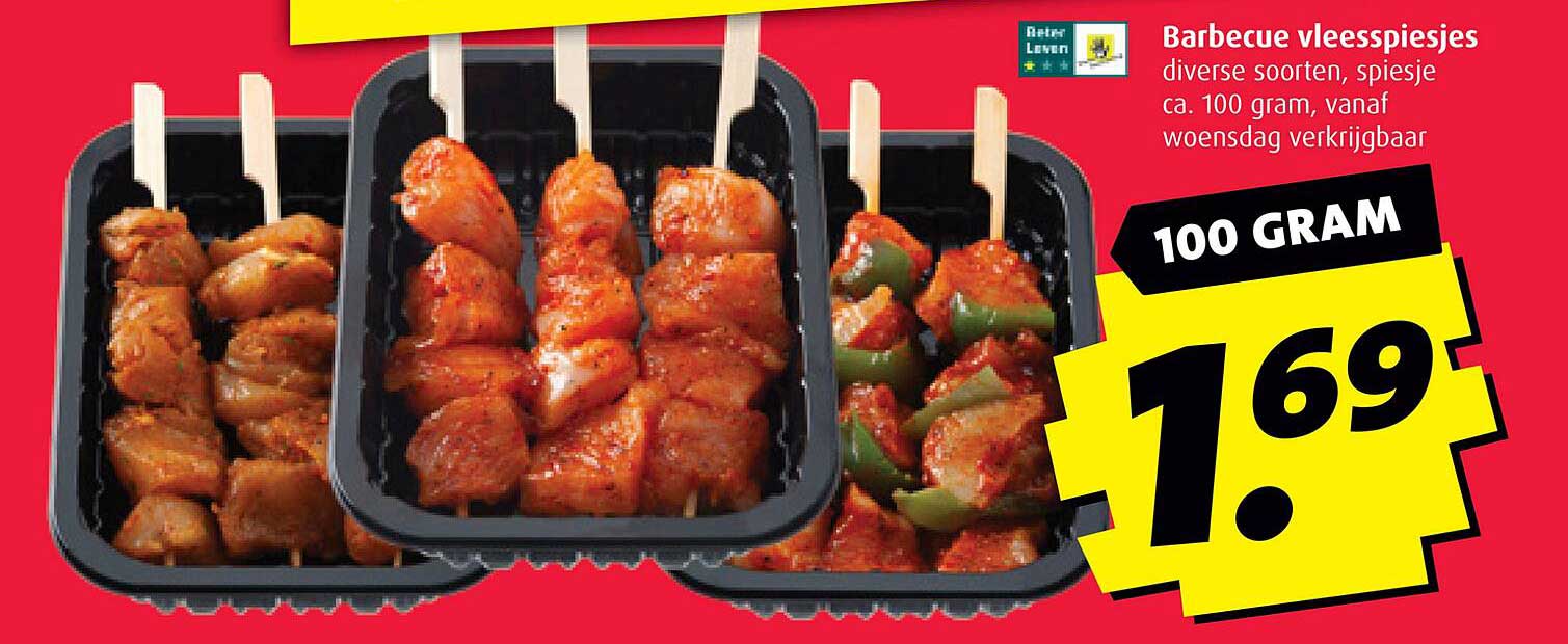 Barbecue vleesspiesjes diverse soorten, spiesje ca. 100 gram, vanaf woensdag verkrijgbaar