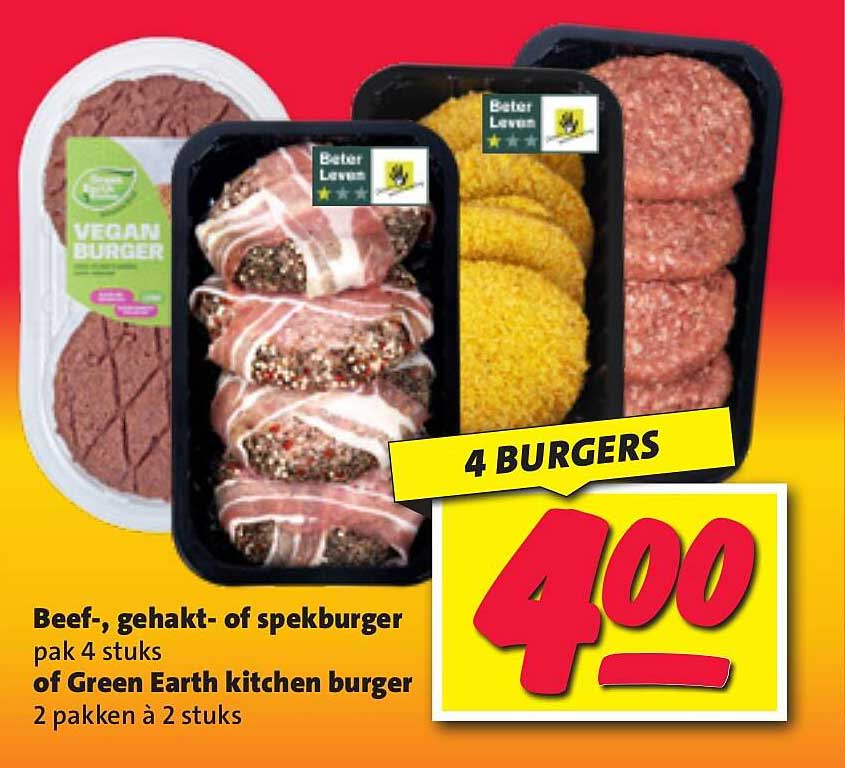 Beef-, gehakt- of spekburger pak 4 stuks of Green Earth kitchen burger 2 pakken à 2 stuks