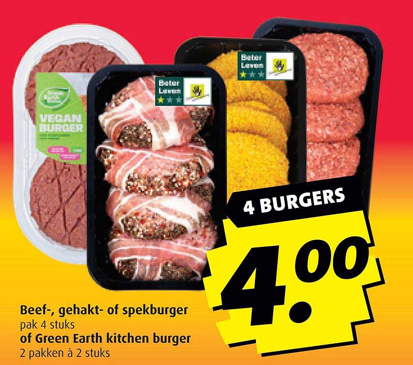 Beef-, gehakt- of spekburger pak 4 stuks of Green Earth kitchen burger 2 pakken à 2 stuks
