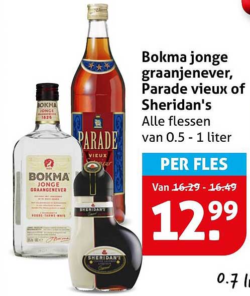 Bokma jonge graanjenever, Parade vieux of Sheridan's Alle flessen van 0.5 - 1 liter