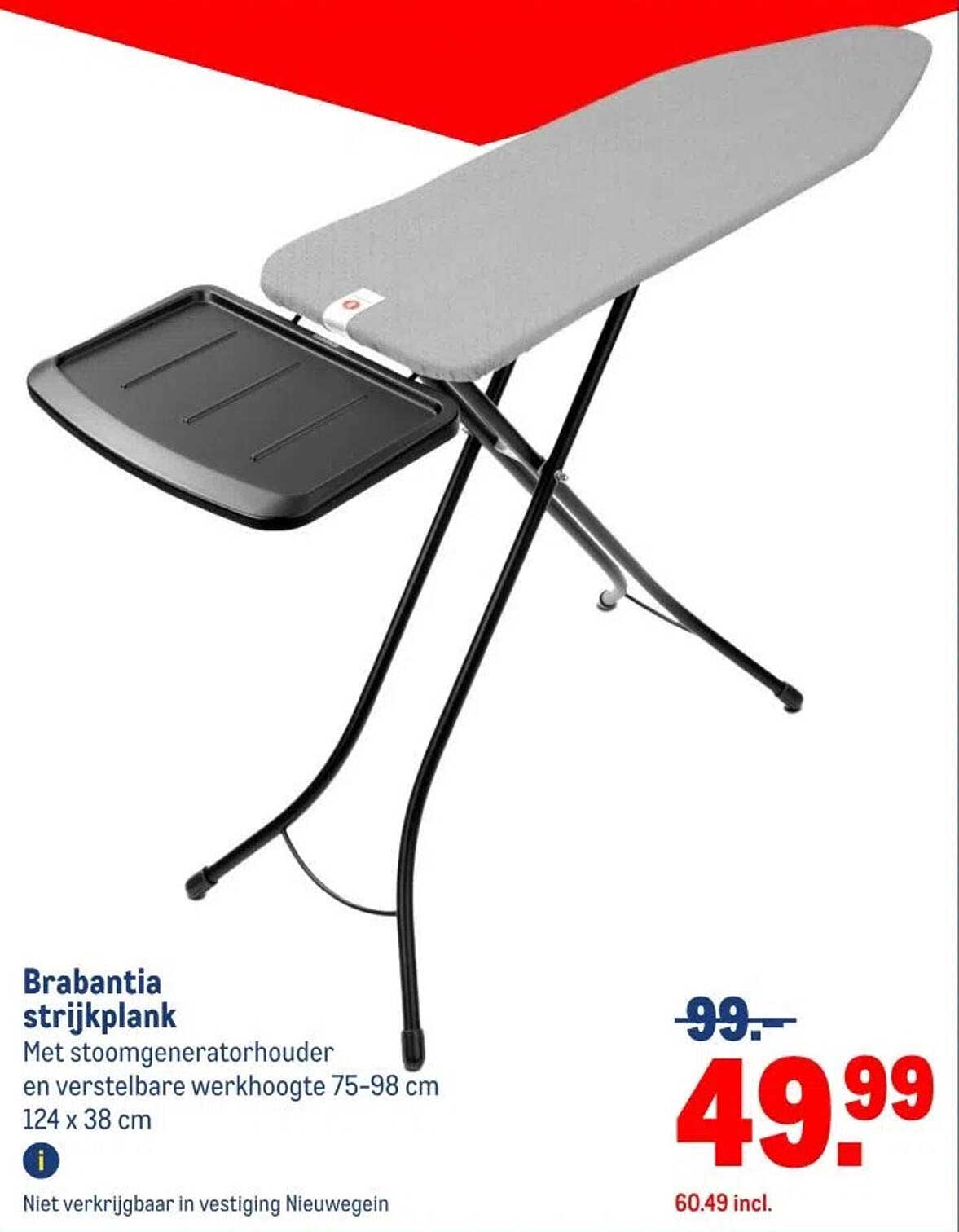 Brabantia strijkplank met stoomgeneratorhouder en verstelbare werkhoogte 75-98 cm 124 x 38 cm