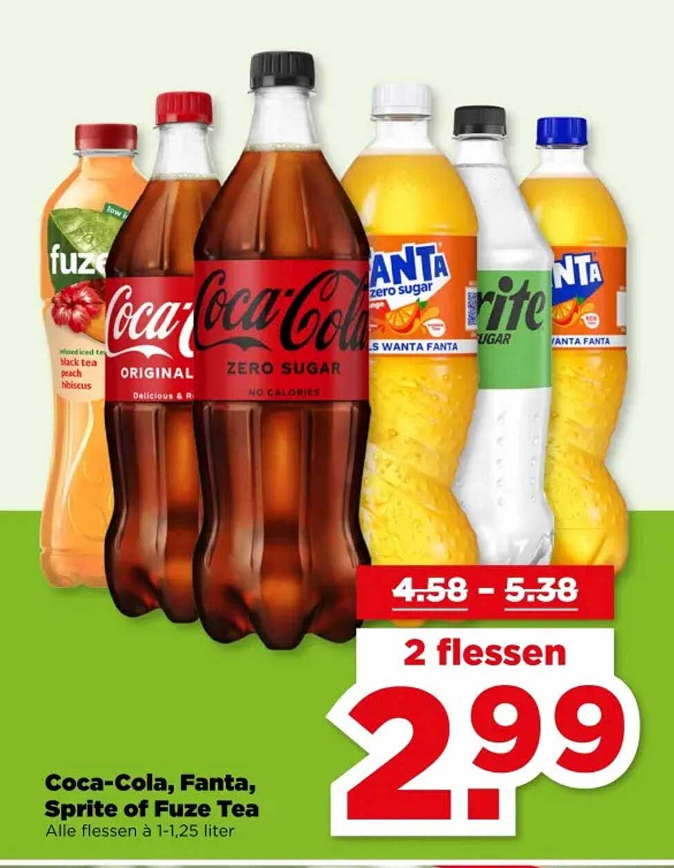 Coca-Cola, Fanta, Sprite of Fuze Tea - 2 flessen voor 2,99