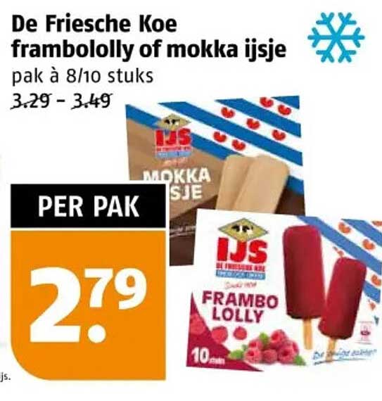 De Friesche Koe frambo­lolly of mokka ijsje pak à 8/10 stuks