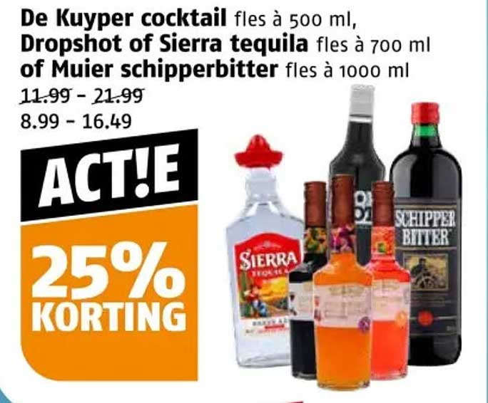 De Kuyper cocktail fles à 500 ml, Dropshot of Sierra tequila fles à 700 ml of Muier schipperbitter fles à 1000 ml
