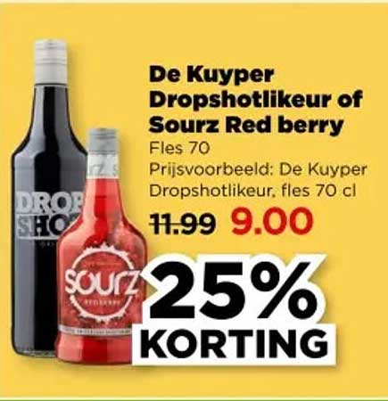 De Kuyper Dropshotlikeur of Sourz Red berry
