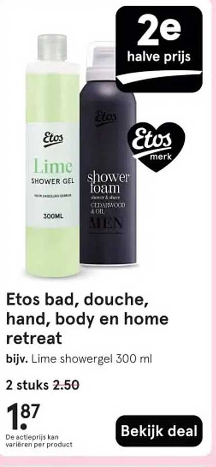 Etos bad, douche, hand, body en home retreat bijv. Lime showergel 300 ml