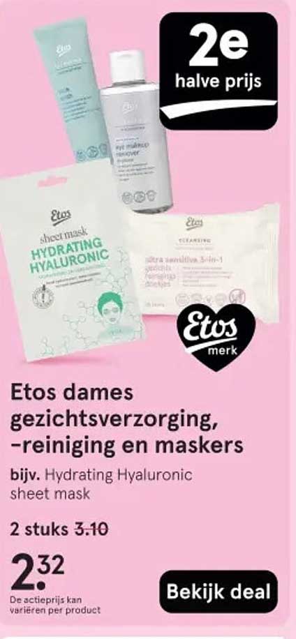 Etos dames gezichtsverzorging, -reiniging en maskers bijv. Hydrating Hyaluronic sheet mask