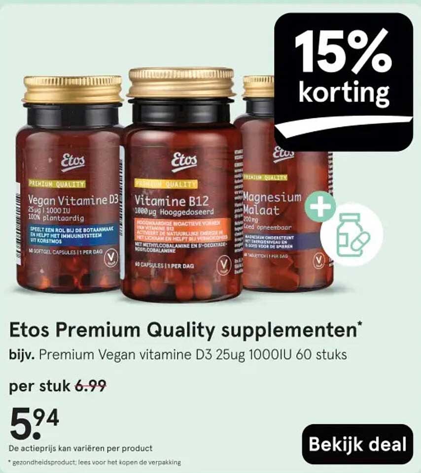 Etos Premium Quality supplementen* bijv. Premium Vegan vitamine D3 25ug 1000IU 60 stuks
