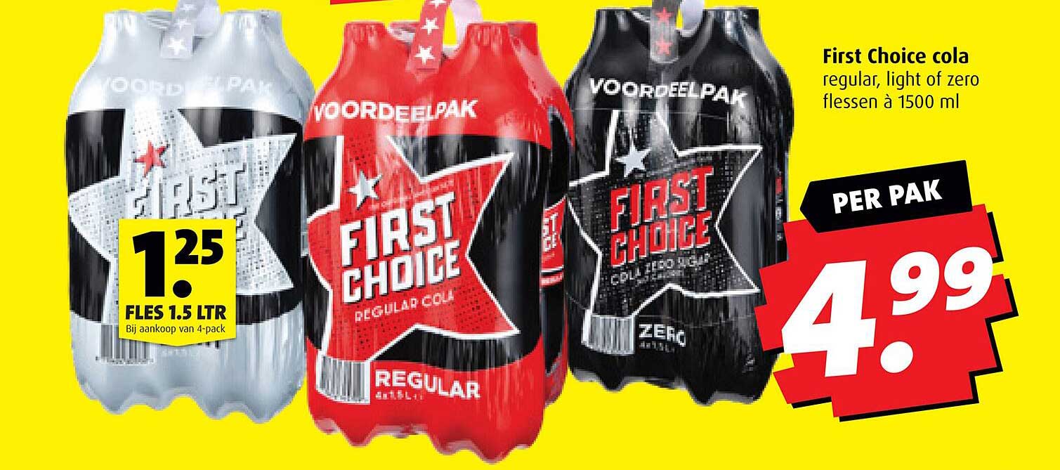 First Choice cola regular, light of zero flessen à 1500 ml