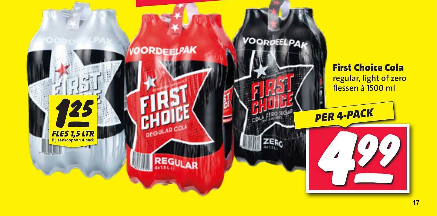 First Choice Cola regular, light of zero flessen à 1500 ml