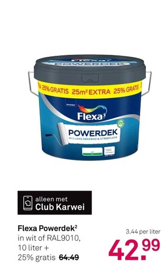 Flexa Powerdek² in wit of RAL9010, 10 liter + 25% gratis