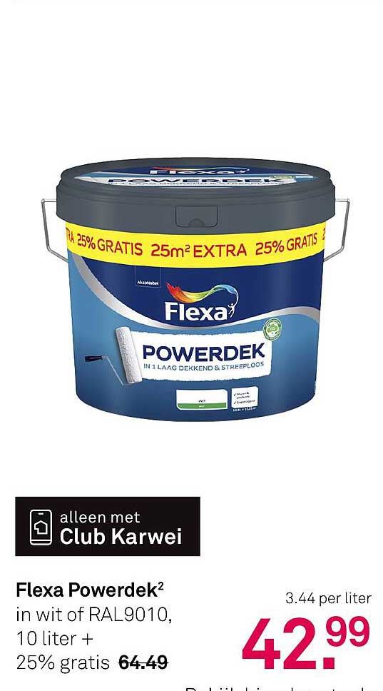 Flexa Powerdek² in wit of RAL9010, 10 liter + 25% gratis