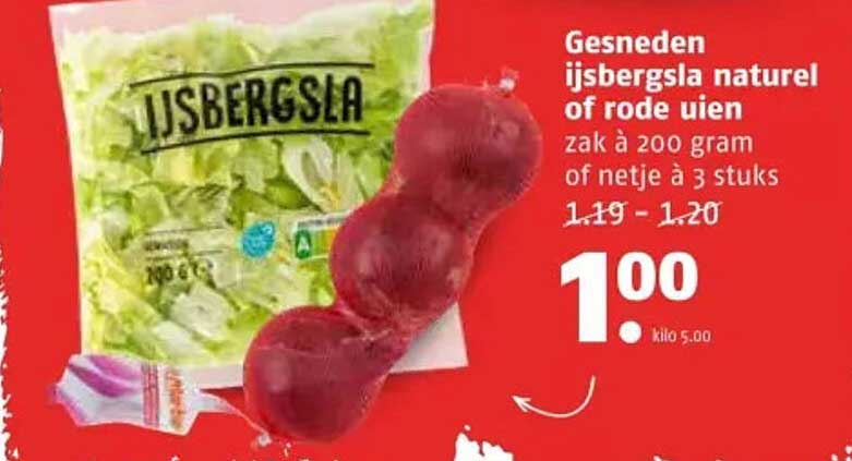 Gesneden ijsbergsla natuur of rode uien zak à 200 gram of netje à 3 stuks