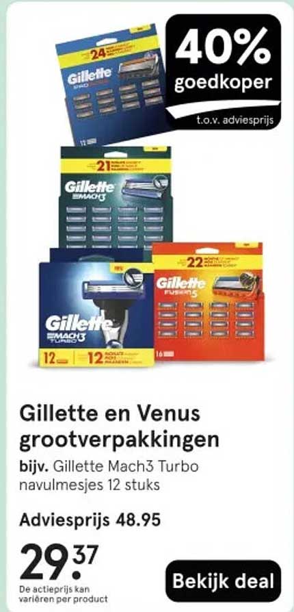 Gillette en Venus grootverpakkingen bijv. Gillette Mach3 Turbo navullmesjes 12 stuks