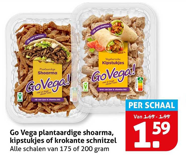 Go Vega plantaardige shoarma, kipstukjes of krokante schnitzel