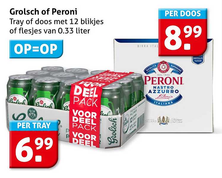 Grolsch of Peroni Tray of doos met 12 blikjes of flesjes van 0.33 liter
