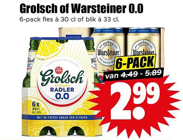 Grolsch of Warsteiner 0.0 6-pack fles à 30 cl of blik à 33 cl