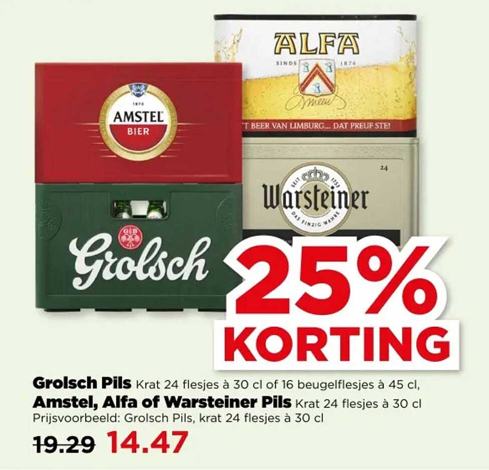 Grolsch Pils Krat 24 flesjes à 30 cl of 16 beugelflesjes à 45 cl, Amstel, Alfa of Warsteiner Pils Krat 24 flesjes à 30 cl