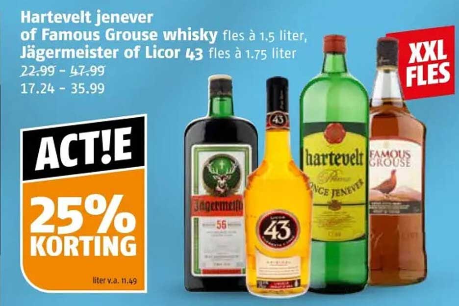 Hartevelt jenever of Famous Grouse whisky fles à 1.5 liter, Jägermeister of Licor 43 fles à 1.75 liter