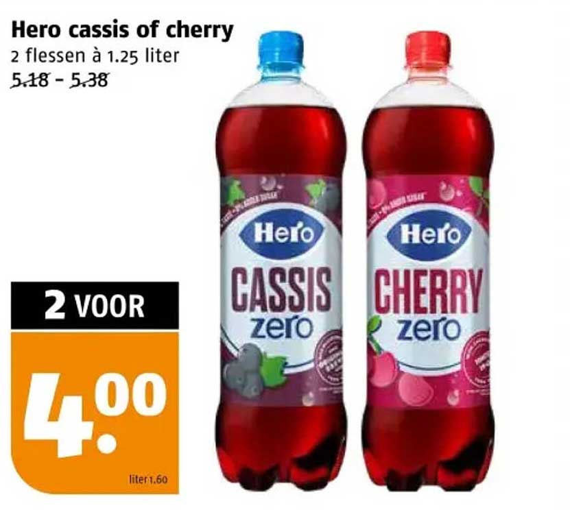 Hero cassis of cherry 2 flessen à 1.25 liter
