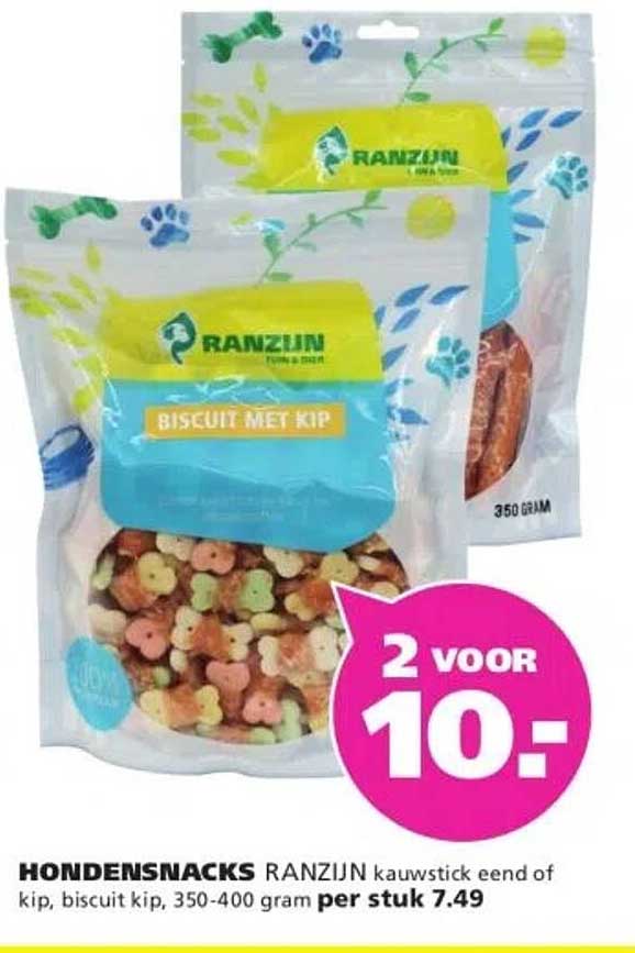 HONDESNACKS RANZIJN kauwstick eend of kip, biscuit kip, 350-400 gram per stuk 7.49