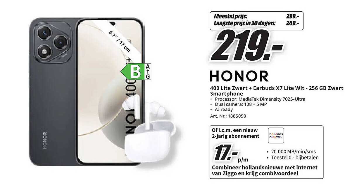 HONOR 400 Lite Zwart + Earbuds X7 Lite Wit - 256 GB Zwart Smartphone