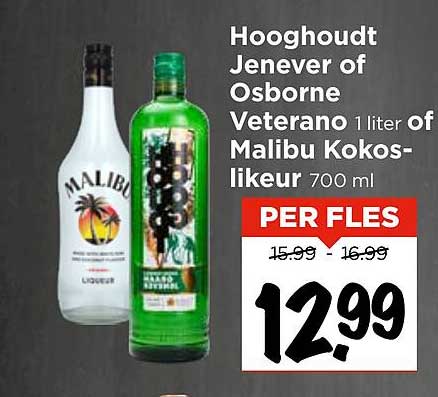 Hooghoudt Jenever of Osborne Veterano 1 liter of Malibu Kokos-likeur 700 ml