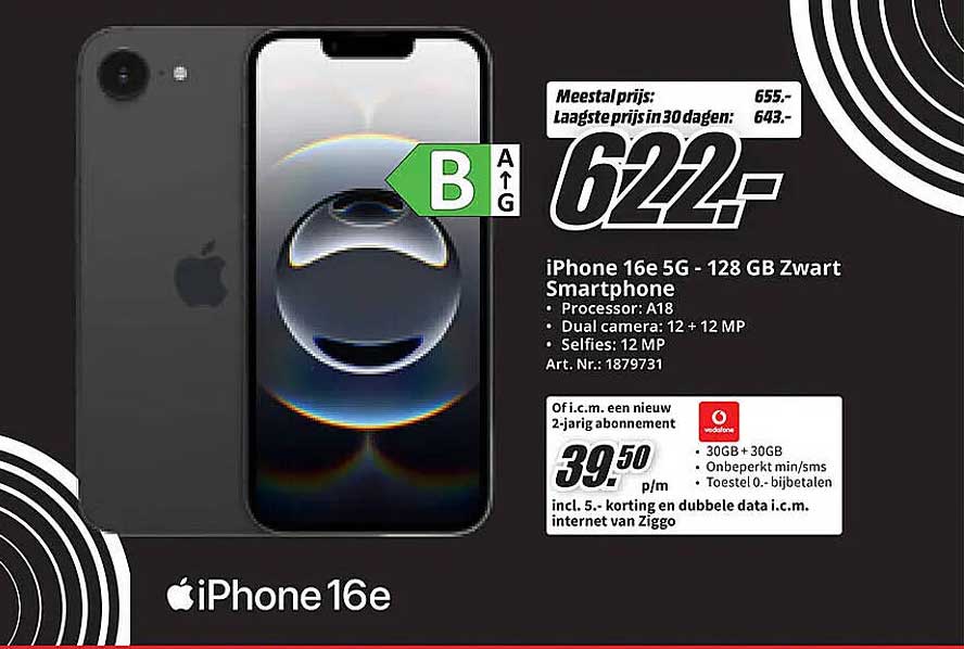 iPhone 16e 5G - 128 GB Zwart Smartphone