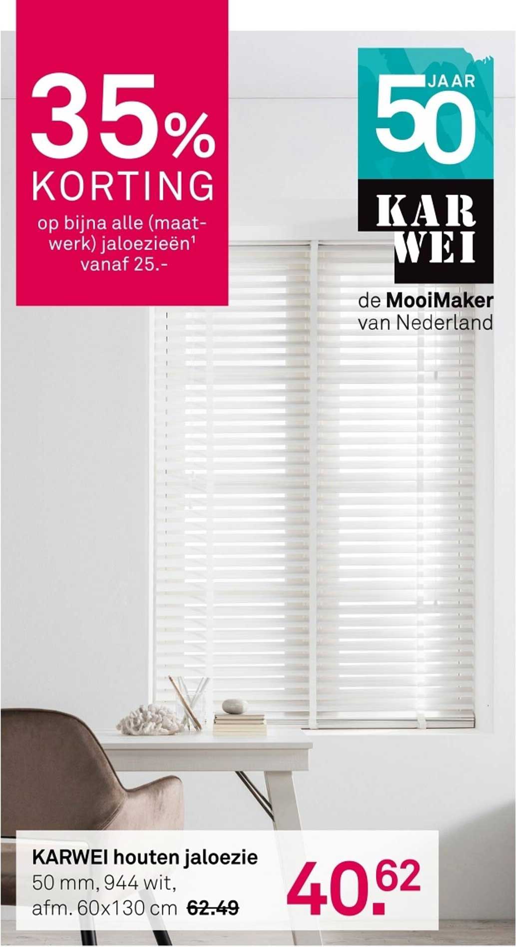KARWEI houten jaloezie 50 mm, 944 wit, afm. 60x130 cm