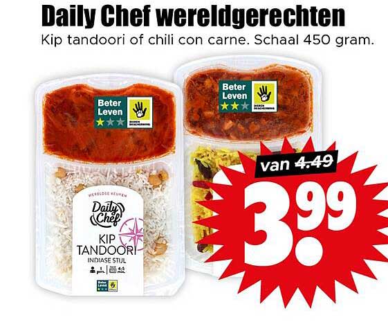 Kip tandoori of chili con carne. Schaal 450 gram.