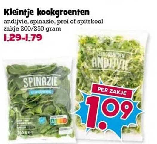 Kleinste kookgroenten andijvie, spinazie, prei of spitskool zakje 200/250 gram