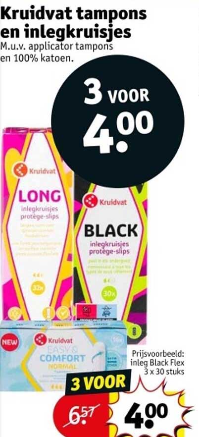 Kruidvat tampons en inlegkruisjes M.u.v. applicator tampons en 100% katoen.