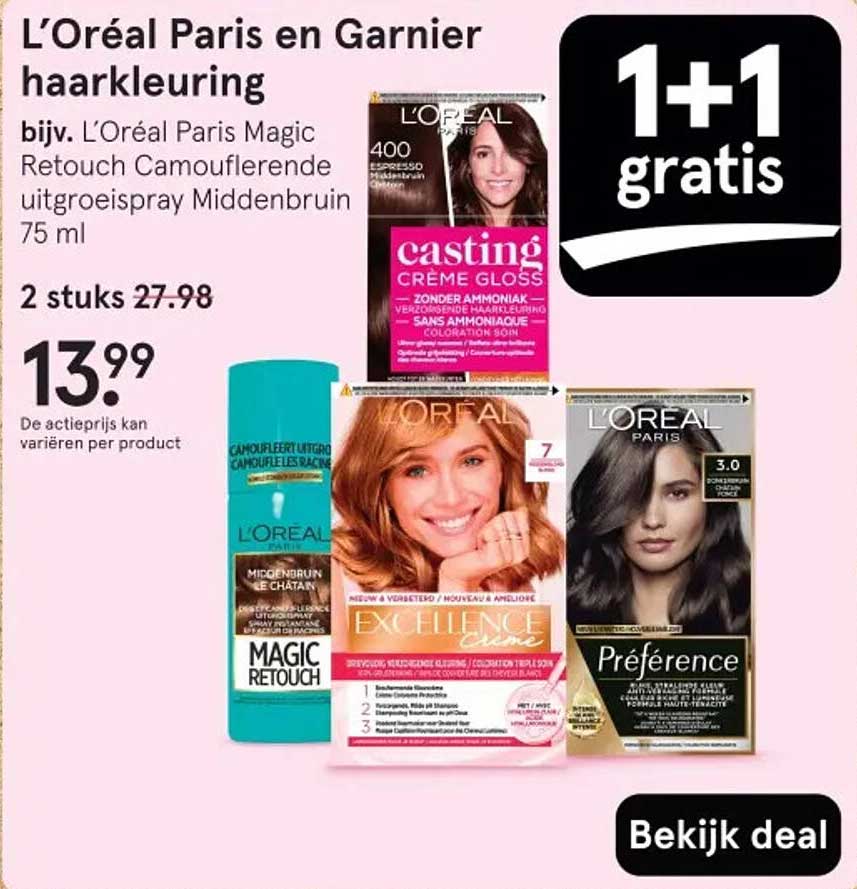 L’Oréal Paris en Garnier haarkleurings bijv. L’Oréal Paris Magic Retouch Camoufleerende uitgroeispray Middenbruin 75 ml