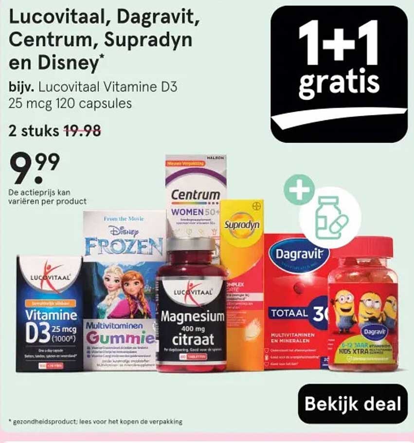 Lucovitaal, Dagravit, Centrum, Supradyn en Disney* bijv. Lucovitaal Vitamine D3 25 mcg 120 capsules
