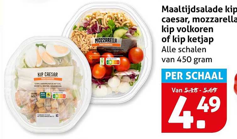 Maaltijdsalade kip caesar, mozzarella, kip volkorens of kip ketjap