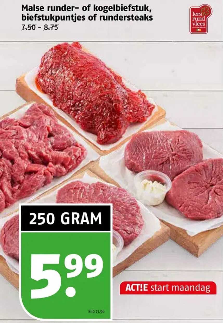 Malse runderen- of kogelbiefstuk, biefstukpuntjes of rundersteaks