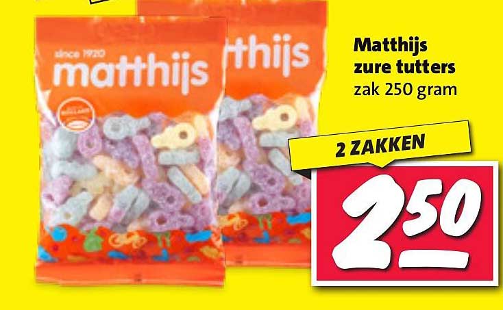 Matthijs zure tutters zak 250 gram